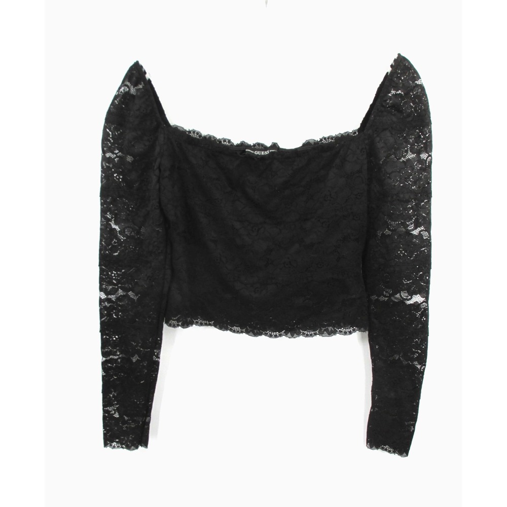GUESS Womens Black Lace Long Sleeve Crop Top Square Neck Whimsigoth Grunge Med